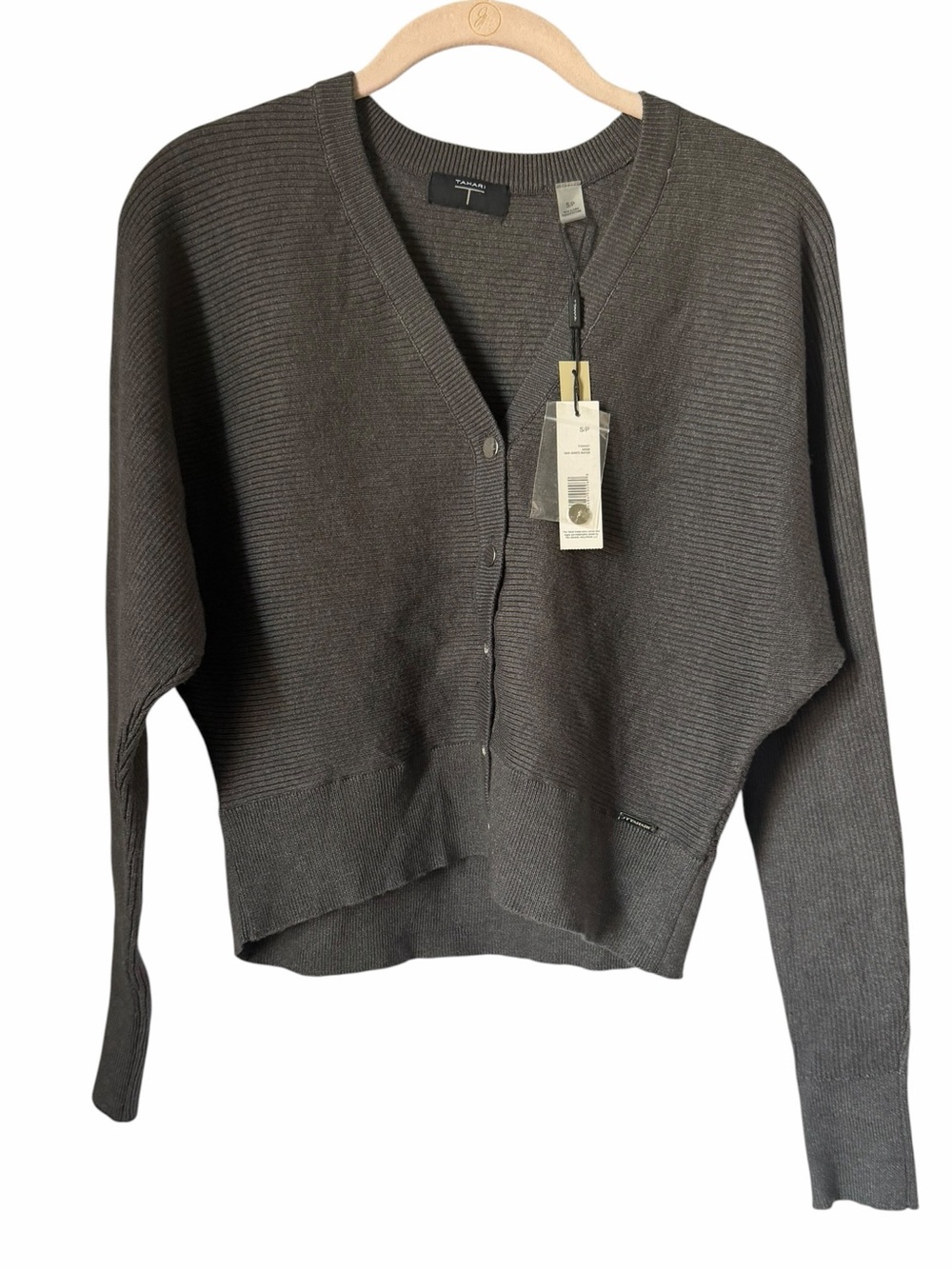 Tahari Dark Gray Dolman Sleeve Cardigan Knit Sweater Lightweight V Neck Button